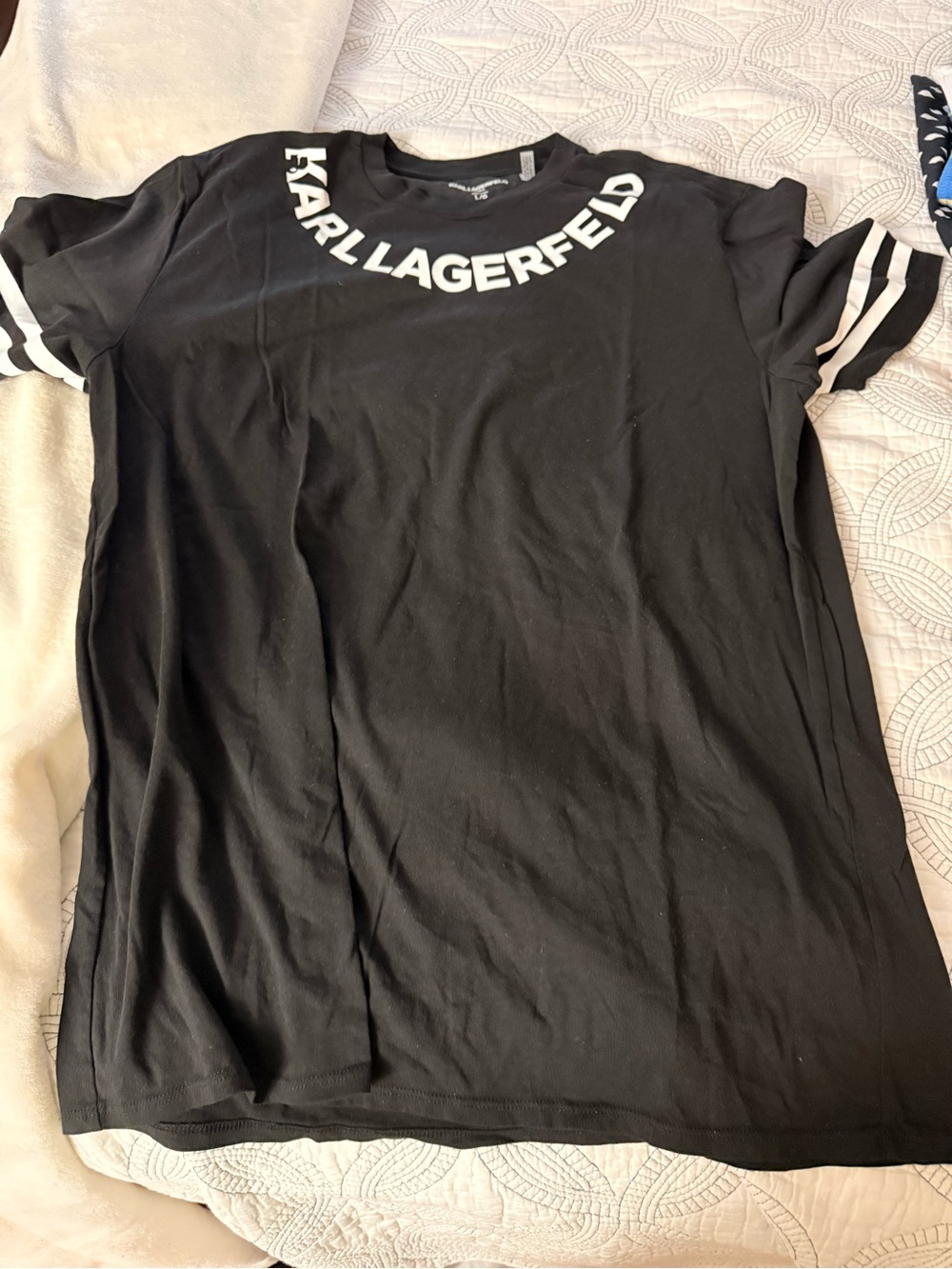 Karl Lagerfeld Black Crewneck T-Shirt with White Logo and Sleeve Stripes